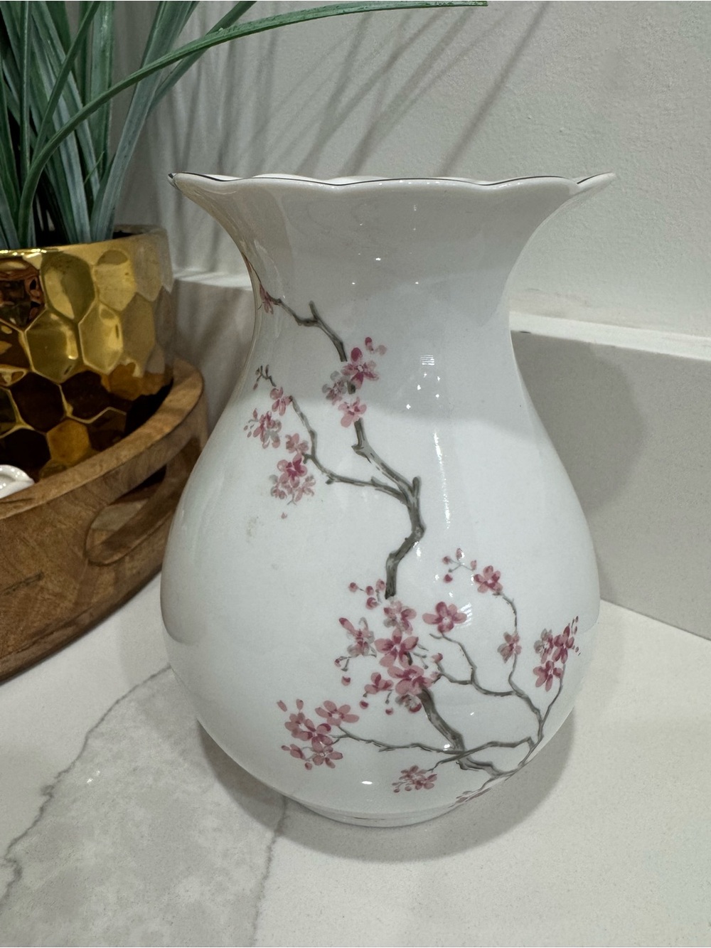 White Ceramic Floral Vase with Pink Cherry Blossom Motif